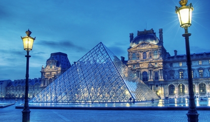 A view of the crystal pyramid at the Louvre in France.