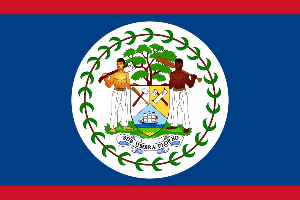 A blue field with a red strip across the top and bottom bears the coat of arms of Belize.